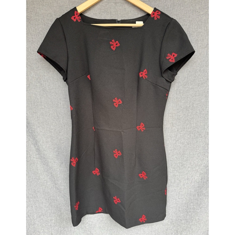 XOXO‎ Black Dress Sz 13 Red Bow Embroidered Mini Short Sleeve Punk Emo Vtg Y2K